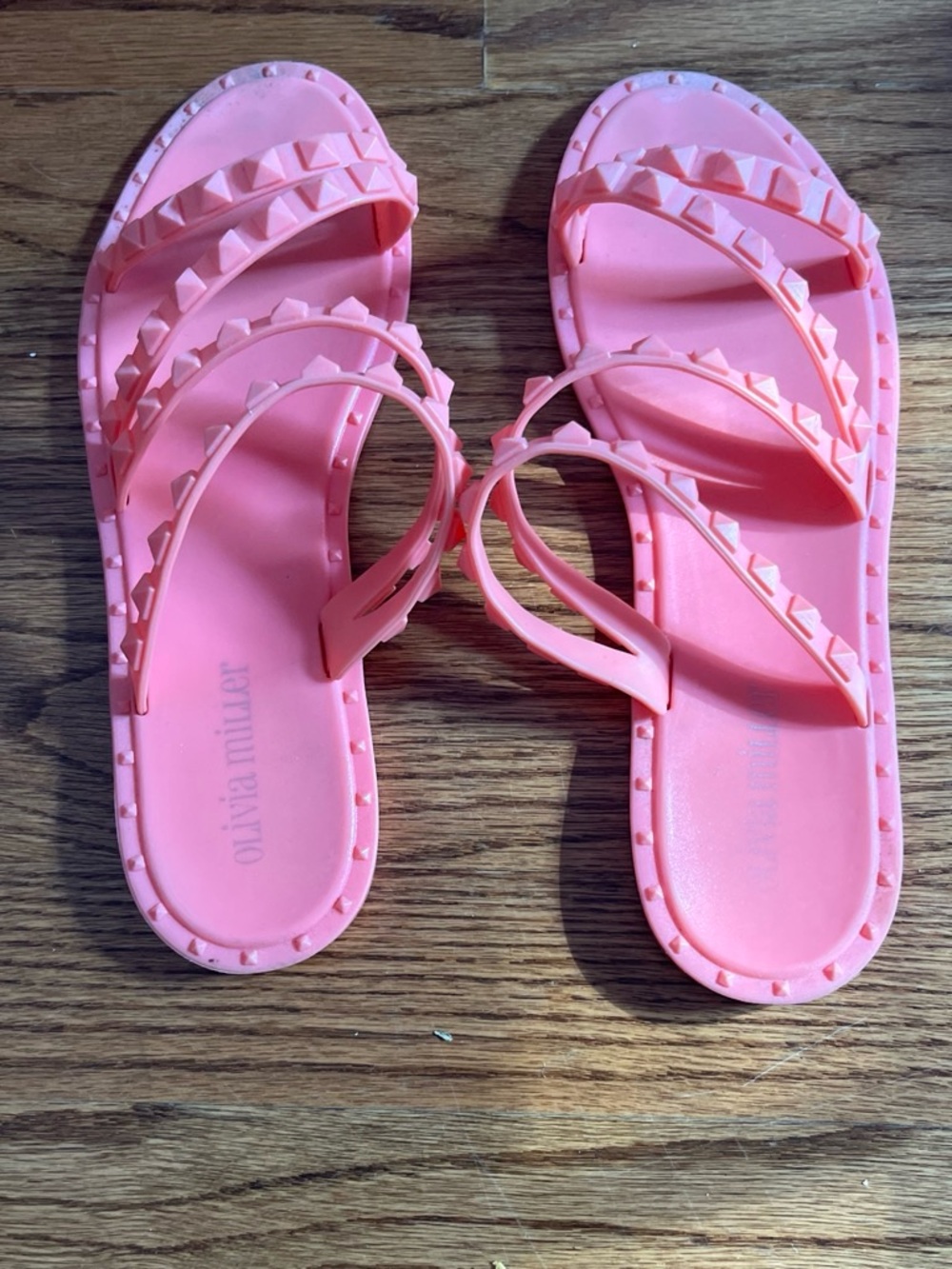 Olivia Miller Coral Pink Studded Triple-Strap Slide Sandals
